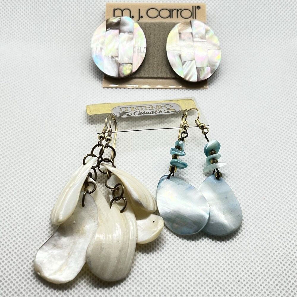 VTG 3 Pairs of Pierced Earrings 1980s Abalone MOP Med. Disk & Tiered Dangled